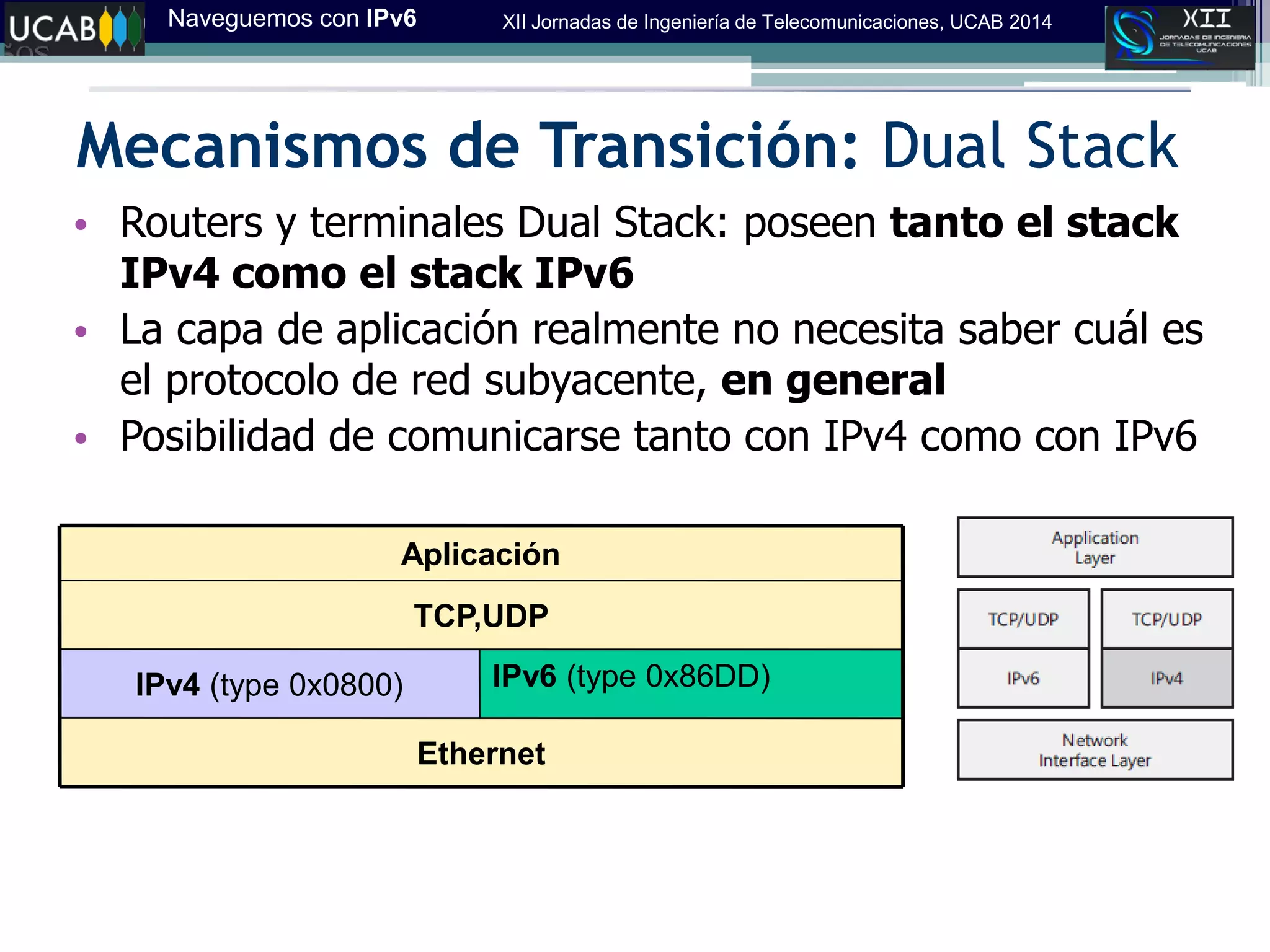 Naveguemos con IPv6 XII Jornadas de Ingeniería de Telecomunicaciones, UCAB 2014
Mecanismos de Transición: Dual Stack
• Routers y terminales Dual Stack: poseen tanto el stack
IPv4 como el stack IPv6
• La capa de aplicación realmente no necesita saber cuál es
el protocolo de red subyacente, en general
• Posibilidad de comunicarse tanto con IPv4 como con IPv6
Ethernet
IPv6 (type 0x86DD)‫‏‬IPv4 (type 0x0800)‫‏‬
TCP,UDP
Aplicación
 