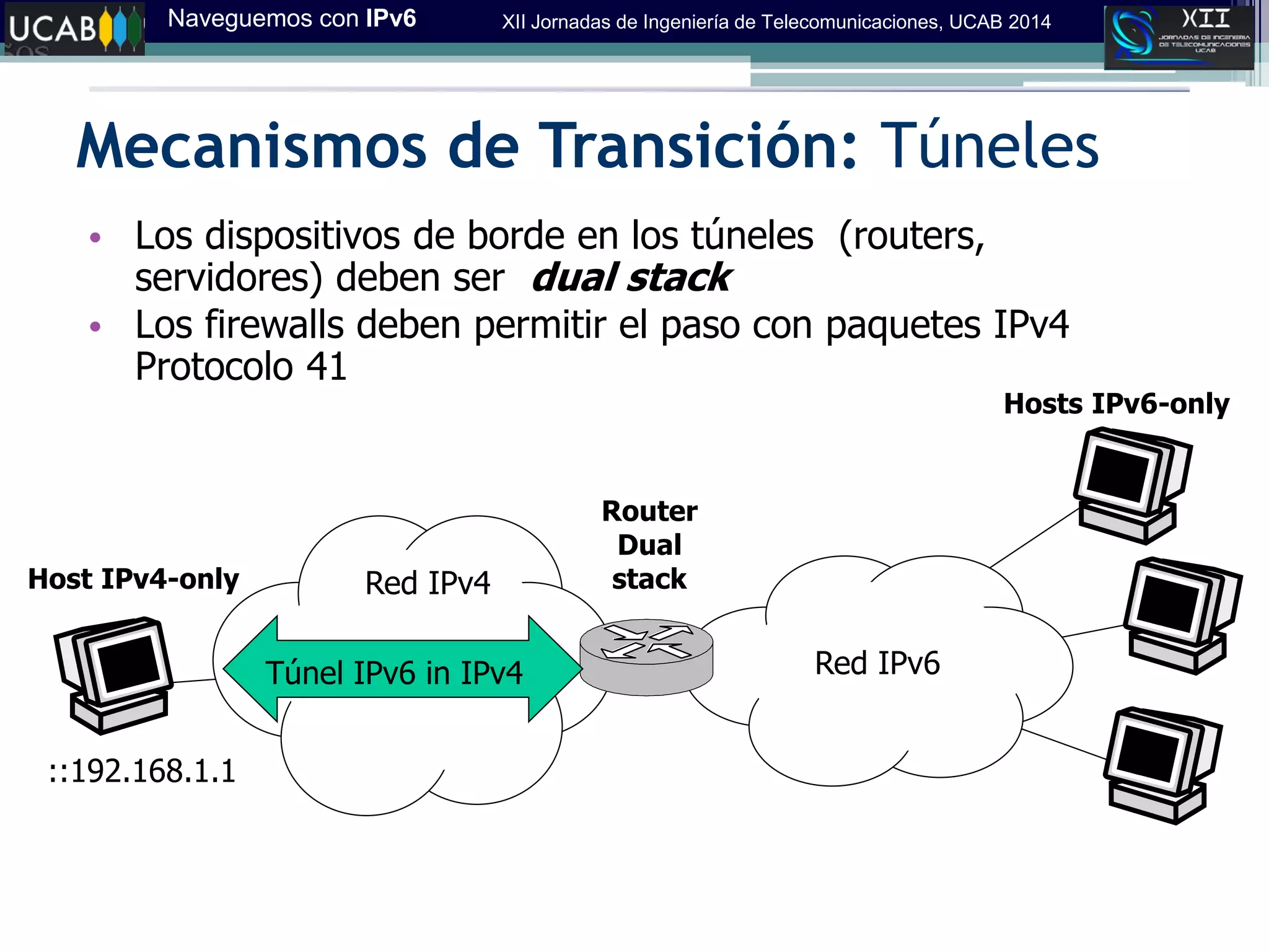 Naveguemos con IPv6 XII Jornadas de Ingeniería de Telecomunicaciones, UCAB 2014
Mecanismos de Transición: Túneles
• Los dispositivos de borde en los túneles (routers,
servidores) deben ser dual stack
• Los firewalls deben permitir el paso con paquetes IPv4
Protocolo 41
Túnel IPv6 in IPv4
Red IPv4
Red IPv6
Router
Dual
stackHost IPv4-only
Hosts IPv6-only
::192.168.1.1
 