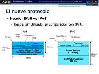 Naveguemos con IPv6 XII Jornadas de Ingeniería de Telecomunicaciones, UCAB 2014
El nuevo protocolo
• Header IPv6 vs IPv4
• Header simplificado, en comparación con IPv4...
Version
Header
Length
Type of Service
Length
Identification
Flags
Time To
Live
Protocol
Source Address (32 bits)‫‏‬
Destination Address (32 bits)‫‏‬
Class of Service
Flow Label
Next Header
Payload Length
Source Address
(128 bits)‫‏‬
Destination Address
(128 bits)‫‏‬
Fragment Offset
Header Checksum
Version
IPv4 IPv6
Hop Limit
32 bits
20 bytes
40 bytes
(Fijos)
Options (until 40 bytes)
 