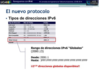 Naveguemos con IPv6 XII Jornadas de Ingeniería de Telecomunicaciones, UCAB 2014
El nuevo protocolo
• Tipos de direcciones IPv6
Rango de direcciones IPv6 “Globales”
(2000::/3)
Desde: 2000::1
Hasta: 3FFF:FFFF:FFFF:FFFF:FFFF:FFFF:FFFF:FFFF
¡¡2125 direcciones globales disponibles!!
 