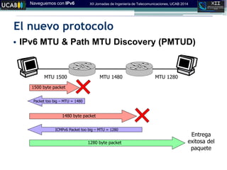 Naveguemos con IPv6 XII Jornadas de Ingeniería de Telecomunicaciones, UCAB 2014
El nuevo protocolo
• IPv6 MTU & Path MTU Discovery (PMTUD)
MTU 1500 MTU 1480 MTU 1280
1500 byte packet
Packet too big – MTU = 1480
1480 byte packet
ICMPv6 Packet too big – MTU = 1280
1280 byte packet
Entrega
exitosa del
paquete
 