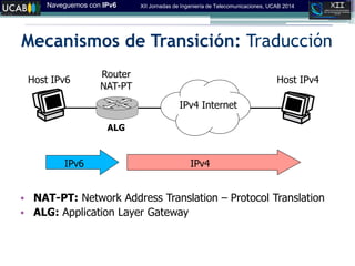 Naveguemos con IPv6 XII Jornadas de Ingeniería de Telecomunicaciones, UCAB 2014
Mecanismos de Transición: Traducción
Host IPv6 Host IPv4
IPv4 Internet
Router
NAT-PT
IPv6 IPv4
• NAT-PT: Network Address Translation – Protocol Translation
• ALG: Application Layer Gateway
ALG
 