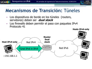 Naveguemos con IPv6 XII Jornadas de Ingeniería de Telecomunicaciones, UCAB 2014
Mecanismos de Transición: Túneles
• Los dispositivos de borde en los túneles (routers,
servidores) deben ser dual stack
• Los firewalls deben permitir el paso con paquetes IPv4
Protocolo 41
Túnel IPv6 in IPv4
Red IPv4
Red IPv6
Router
Dual
stackHost IPv4-only
Hosts IPv6-only
::192.168.1.1
 
