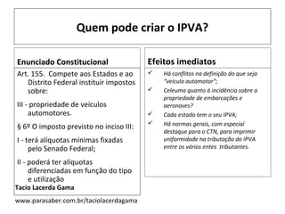 Quem pode criar o IPVA?

Enunciado Constitucional                 Efeitos imediatos
Art. 155. Compete aos Estados e ao          Há conflitos na definição do que seja
   Distrito Federal instituir impostos       “veículo automotor”;
   sobre:                                   Celeuma quanto à incidência sobre a
                                             propriedade de embarcações e
III - propriedade de veículos                aeronaves?
     automotores.                           Cada estado tem o seu IPVA;
§ 6º O imposto previsto no inciso III:      Há normas gerais, com especial
                                             destaque para o CTN, para imprimir
I - terá alíquotas mínimas fixadas           uniformidade na tributação do IPVA
     pelo Senado Federal;                    entre os vários entes tributantes.

II - poderá ter alíquotas
     diferenciadas em função do tipo
     e utilização
Tacio Lacerda Gama
www.parasaber.com.br/taciolacerdagama
 