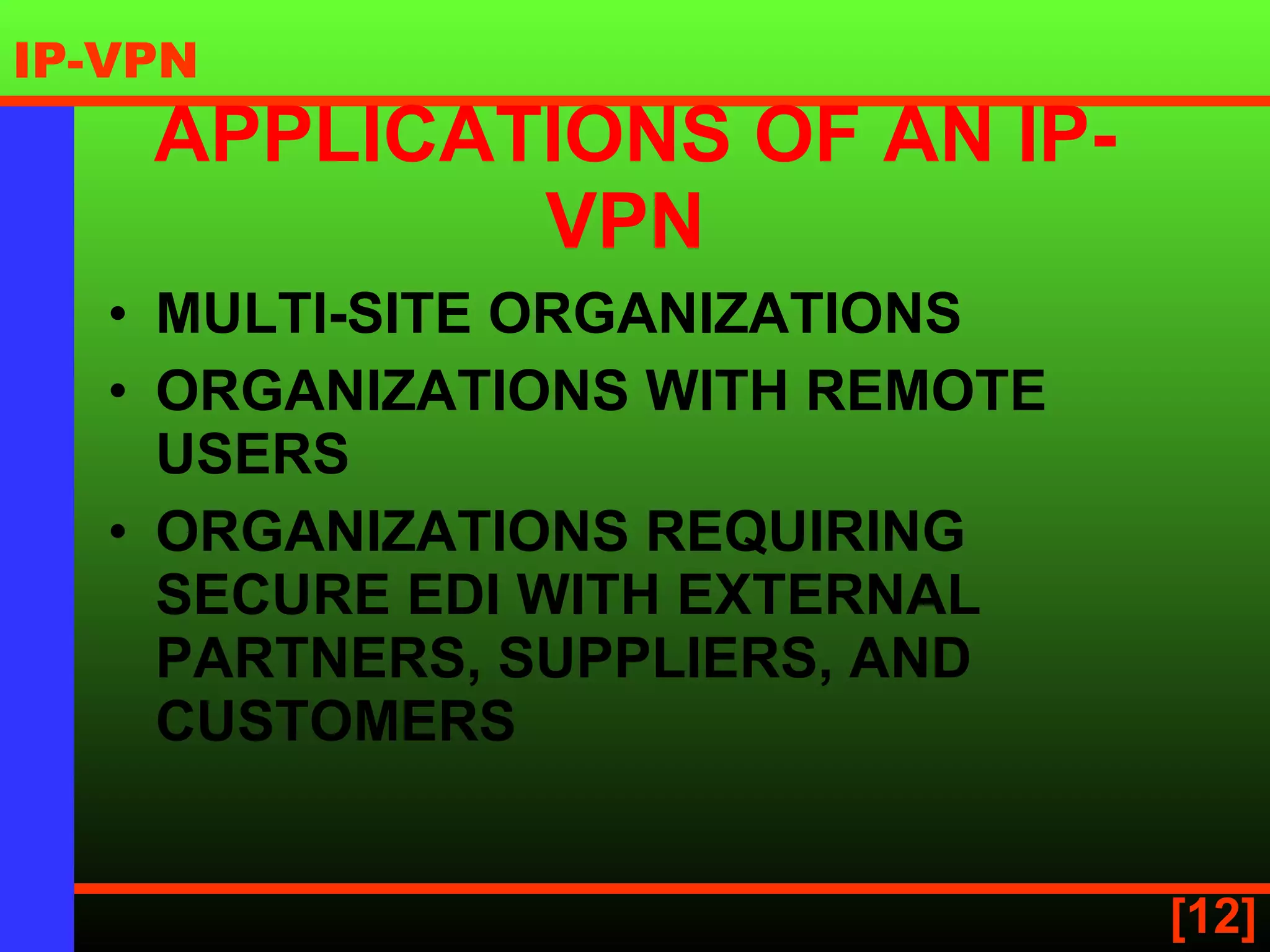 APPLICATIONS OF AN IP-VPN   MULTI-SITE ORGANIZATIONS   ORGANIZATIONS WITH REMOTE USERS   ORGANIZATIONS REQUIRING SECURE EDI WITH EXTERNAL PARTNERS, SUPPLIERS, AND CUSTOMERS 
