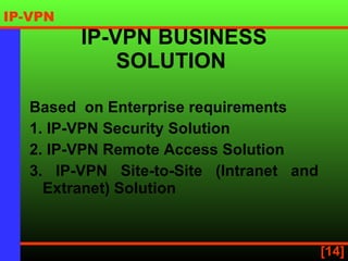 IP-VPN BUSINESS SOLUTION    Based  on Enterprise requirements 1.  IP-VPN Security Solution 2.  IP-VPN Remote Access Solution 3.  IP-VPN Site-to-Site (Intranet and Extranet) Solution 