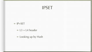 IPSET
IP+SET
L3 + L4 header
Looking up by Hash
 