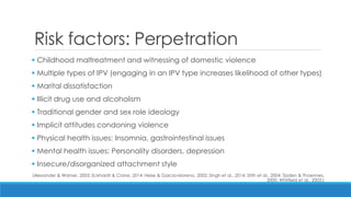 Risk factors: Perpetration 
 Childhood maltreatment and witnessing of domestic violence 
 Multiple types of IPV (engaging in an IPV type increases likelihood of other types) 
 Marital dissatisfaction 
 Illicit drug use and alcoholism 
 Traditional gender and sex role ideology 
 Implicit attitudes condoning violence 
 Physical health issues: Insomnia, gastrointestinal issues 
 Mental health issues: Personality disorders, depression 
 Insecure/disorganized attachment style 
(Alexander & Warner, 2003; Eckhardt & Crane, 2014; Heise & Garcia-Moreno, 2002; Singh et al., 2014; Stith et al., 2004; Tjaden & Thoennes, 2000; Whitfield et al., 2003;)  