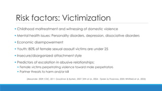Risk factors: Victimization 
 Childhood maltreatment and witnessing of domestic violence 
 Mental health issues: Personality disorders, depression, dissociative disorders 
 Economic disempowerment 
 Youth: 80% of female sexual assault victims are under 25 
 Insecure/disorganized attachment style 
 Predictors of escalation in abusive relationships: 
Female victims perpetrating violence toward male perpetrators 
Partner threats to harm and/or kill 
(Alexander, 2009; CDC, 2011; Goodman & Epstein, 2007; Stith et al., 2004; ; Tjaden & Thoennes, 2000; Whitfield et al., 2003)  