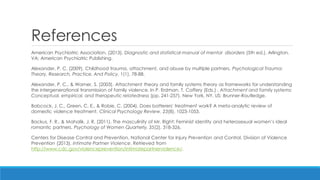 References 
American Psychiatric Association. (2013). Diagnostic and statistical manual of mental disorders (5th ed.). Arlington, VA: American Psychiatric Publishing. Alexander, P. C. (2009). Childhood trauma, attachment, and abuse by multiple partners. Psychological Trauma: Theory, Research, Practice, And Policy, 1(1), 78-88. Alexander, P. C., & Warner, S. (2003). Attachment theory and family systems theory as frameworks for understanding the intergenerational transmission of family violence. In P. Erdman, T. Caffery (Eds.) , Attachment and family systems: Conceptual, empirical, and therapeutic relatedness (pp. 241-257). New York, NY, US: Brunner-Routledge. Babcock, J. C., Green, C. E., & Robie, C. (2004). Does batterers' treatment work? A meta-analytic review of domestic violence treatment. Clinical Psychology Review, 23(8), 1023-1053. Backus, F. R., & Mahalik, J. R. (2011). The masculinity of Mr. Right: Feminist identity and heterosexual women’s ideal romantic partners. Psychology of Women Quarterly, 35(2), 318-326. Centers for Disease Control and Prevention, National Center for Injury Prevention and Control, Division of Violence Prevention (2013). Intimate Partner Violence. Retrieved from http://www.cdc.gov/violenceprevention/intimatepartnerviolence/.  