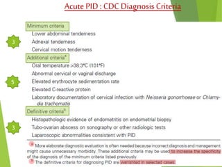 Acute PID : CDC Diagnosis Criteria 
3 
5 
3 
 