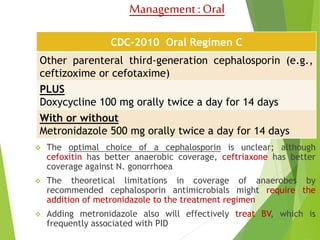 Management : Oral 
CDC-2010 Oral Regimen C 
Other parenteral third-generation cephalosporin (e.g., 
ceftizoxime or cefotaxime) 
PLUS 
Doxycycline 100 mg orally twice a day for 14 days 
With or without 
Metronidazole 500 mg orally twice a day for 14 days 
 The optimal choice of a cephalosporin is unclear; although 
cefoxitin has better anaerobic coverage, ceftriaxone has better 
coverage against N. gonorrhoea 
 The theoretical limitations in coverage of anaerobes by 
recommended cephalosporin antimicrobials might require the 
addition of metronidazole to the treatment regimen 
 Adding metronidazole also will effectively treat BV, which is 
frequently associated with PID 
 