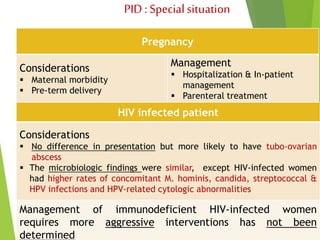 PID : Special situation 
Pregnancy 
Considerations 
 Maternal morbidity 
 Pre-term delivery 
Management 
 Hospitalization & In-patient 
management 
 Parenteral treatment 
HIV infected patient 
Considerations 
 No difference in presentation but more likely to have tubo-ovarian 
abscess 
 The microbiologic findings were similar, except HIV-infected women 
had higher rates of concomitant M. hominis, candida, streptococcal & 
HPV infections and HPV-related cytologic abnormalities 
Management of immunodeficient HIV-infected women 
requires more aggressive interventions has not been 
determined 
 