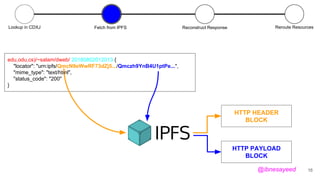 edu,odu,cs)/~salam/dweb/ 20180802012013 {
"locator": "urn:ipfs/QmcN9eWwRF73dZj5.../Qmczh9YnB4U1ptPe...",
"mime_type": "text/html",
"status_code": "200"
}
16
HTTP HEADER
BLOCK
HTTP PAYLOAD
BLOCK
Fetch from IPFS Reroute ResourcesReconstruct ResponseLookup in CDXJ
@ibnesayeed
 
