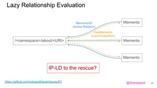 Lazy Relationship Evaluation
/<namespace>/about/<URI>
IP-LD to the rescue?
https://github.com/oduwsdl/ipwb/issues/61
Memento
Memento
Memento
MementoOf
(Active Relation)
HasMemento
(Lazy Evaluation)
25@ibnesayeed
 