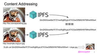 Content Addressing
http://foo.com/spaceDog.jpg
http://example.org/yuri.jpg
QmZAD4xeeNeYF3TmwWgBXypLKTiCGwGRMXHW7MtheWKtw4
...