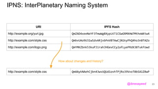 IPNS: InterPlanetary Naming System
URI IPFS Hash
http://example.org/yuri.jpg
http://example.com/style.css
http://example.c...
