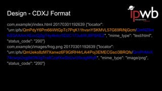 Design - CDXJ Format
com,example)/index.html 20170301192639 {"locator":
"urn:ipfs/QmPdyY6Pm66iWtGpTc7PqK11hvsnYSKMVL57G69RiNjGcm/QmNZ6m
KSSAXAmXEocQj5gT4y4kdcr5D2C173ubWJ6PSKEZ", "mime_type": "text/html",
"status_code": "200"}
com,example)/images/frog.png 20170301192639 {"locator":
"urn:ipfs/QmUeko8zM7Xanwz6F9GtRH4rLAi4Poj3EMECGsci3BRQfs/QmPhMnX
74cwqx2xgj9d3N3gTra8CzafXwSbUwU8xagMfqR", "mime_type": "image/png",
"status_code": "200"}
 