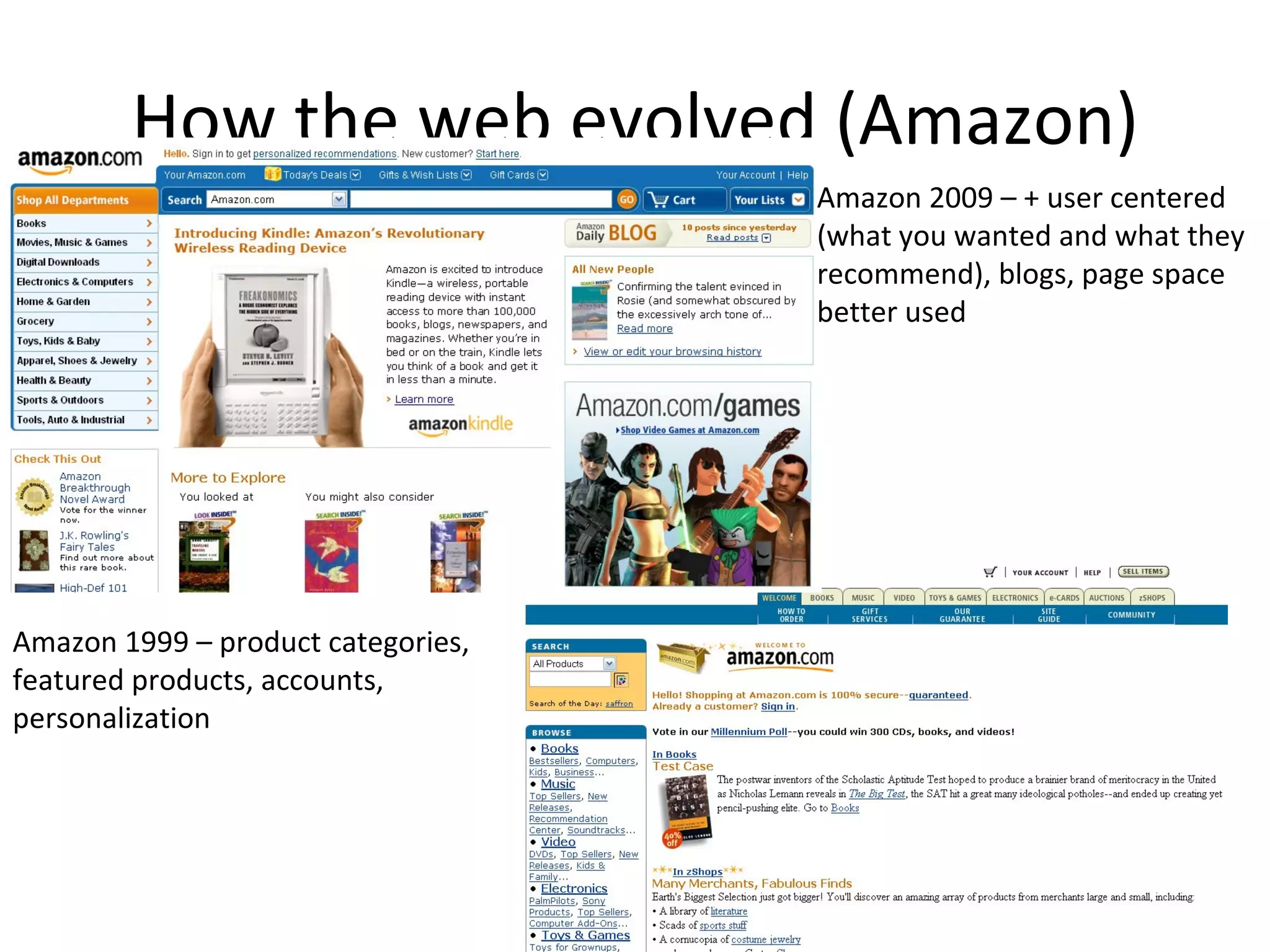 How the web evolved (Amazon) Amazon 1999 – product categories, featured products, accounts, personalization Amazon 2009 – + user centered (what you wanted and what they recommend), blogs, page space better used 