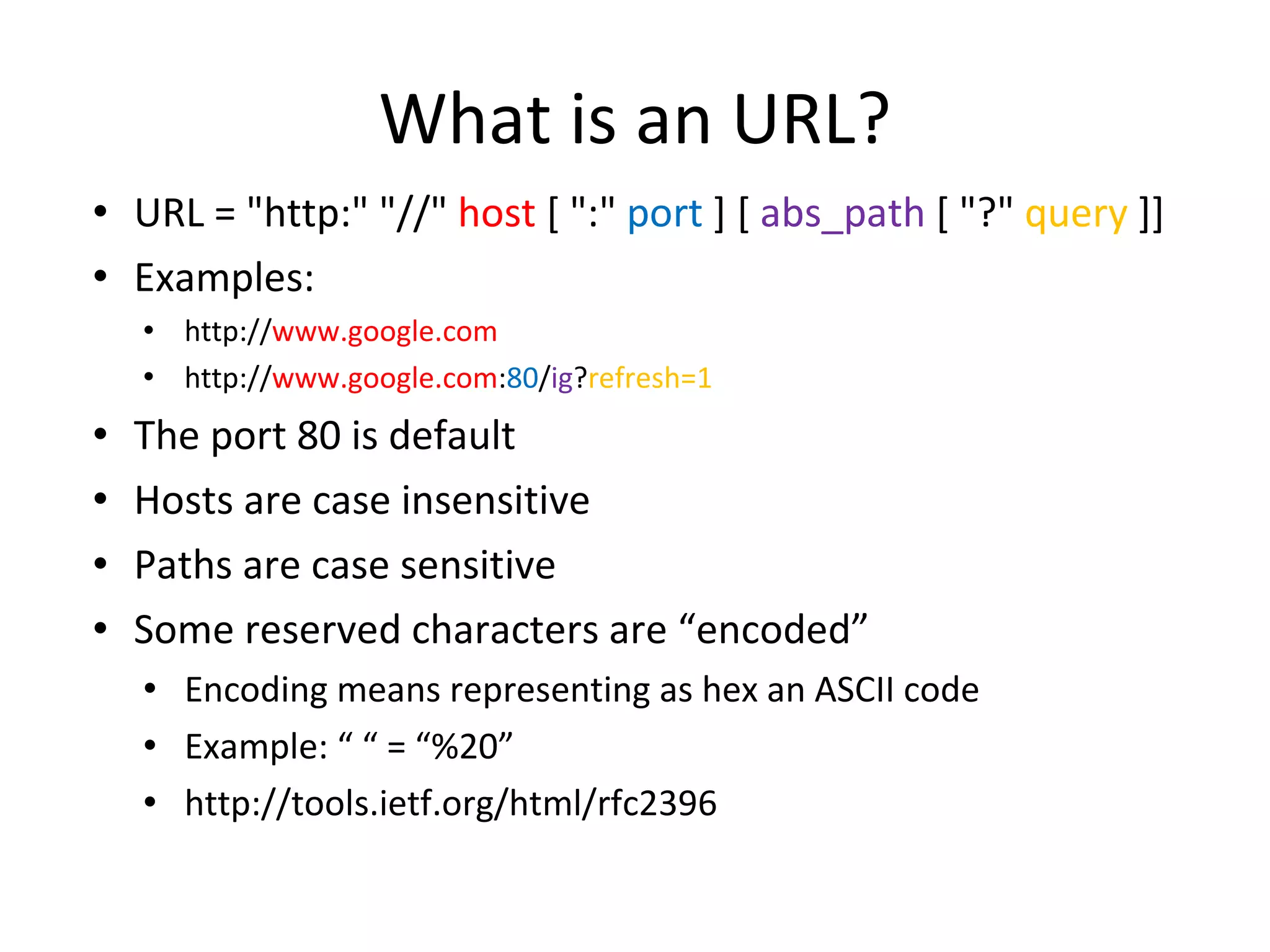What is an URL? URL = &quot;http:&quot; &quot;//&quot;  host  [ &quot;:&quot;  port  ] [  abs_path  [ &quot;?&quot;  query  ]] Examples: http:// www.google.com http:// www.google.com : 80 / ig ? refresh=1 The port 80 is default Hosts are case insensitive Paths are case sensitive Some reserved characters are “encoded” Encoding means representing as hex an ASCII code Example: “ “ = “%20” http://tools.ietf.org/html/rfc2396 