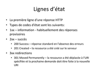 Lignes d’état <ul><li>La première ligne d'une réponse HTTP  </li></ul><ul><li>Types de codes d'état sont les suivants:  </...