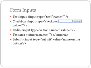 Form InputsText input <input type=“text” name=“” />Checkbox <input type=“checkbox” name=“” value=“”/>Radio <input type=“radio” name=“” value=“”/>Text area <textarea name=“”></textarea>Submit <input type=“submit” value=“name on the button”/>
