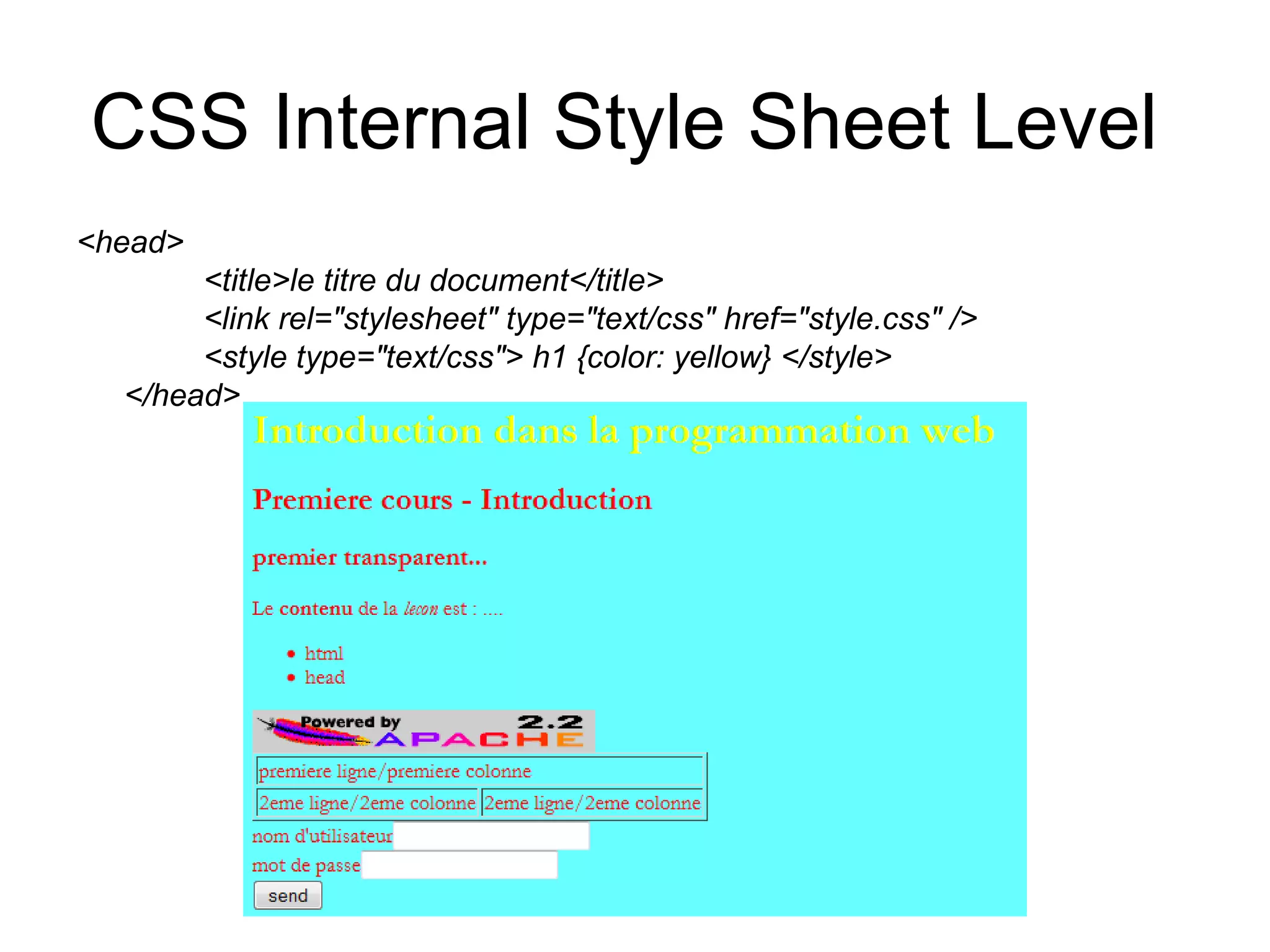 CSS Internal Style Sheet Level  <head> <title>le titre du document</title> <link rel="stylesheet" type="text/css" href="style.css" /> <style type="text/css"> h1 {color: yellow} </style> </head> 