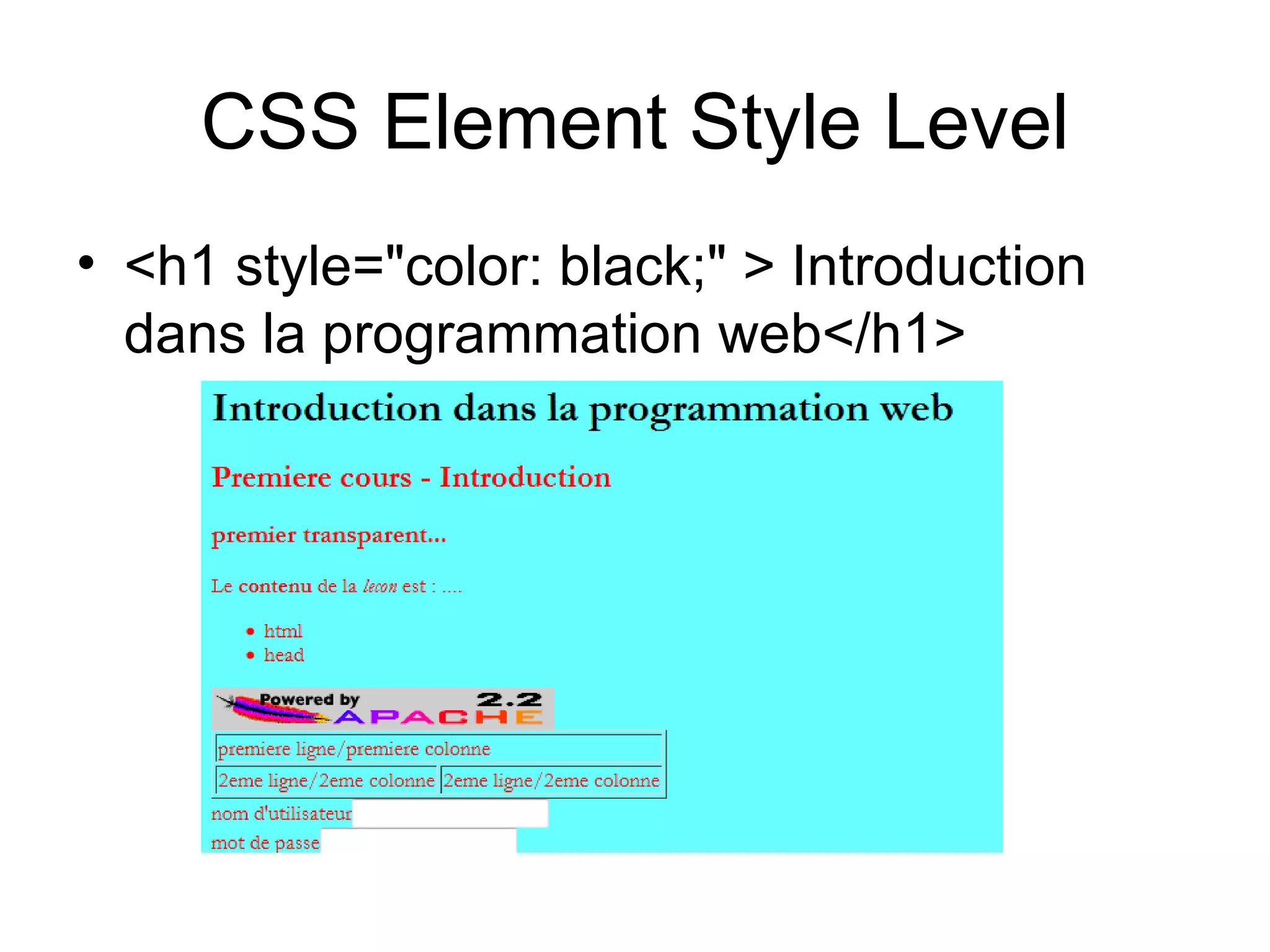 CSS Element Style Level <h1 style="color: black;" > Introduction dans la programmation web</h1> 