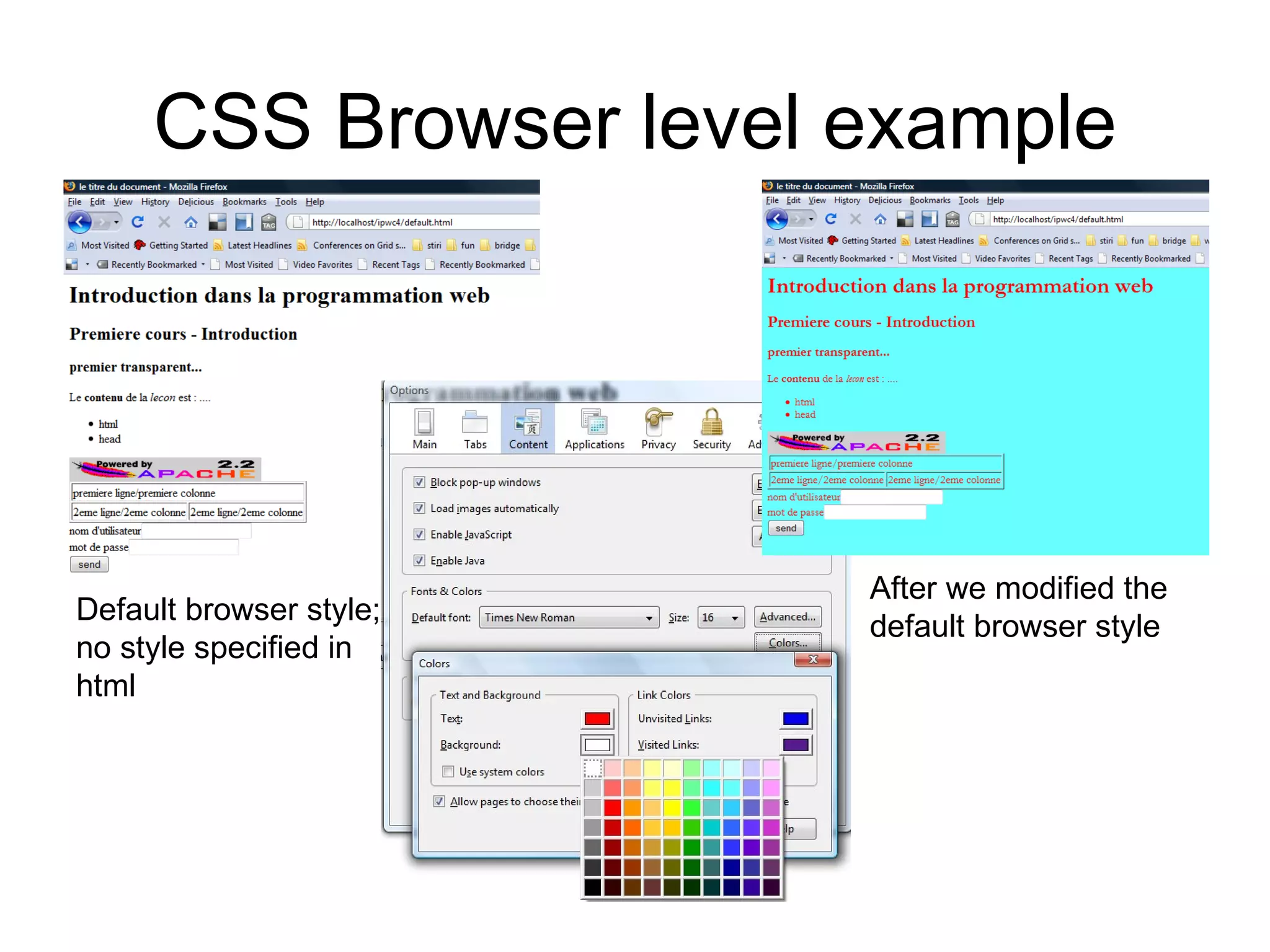 CSS Browser level example Default browser style; no style specified in html After we modified the default browser style 