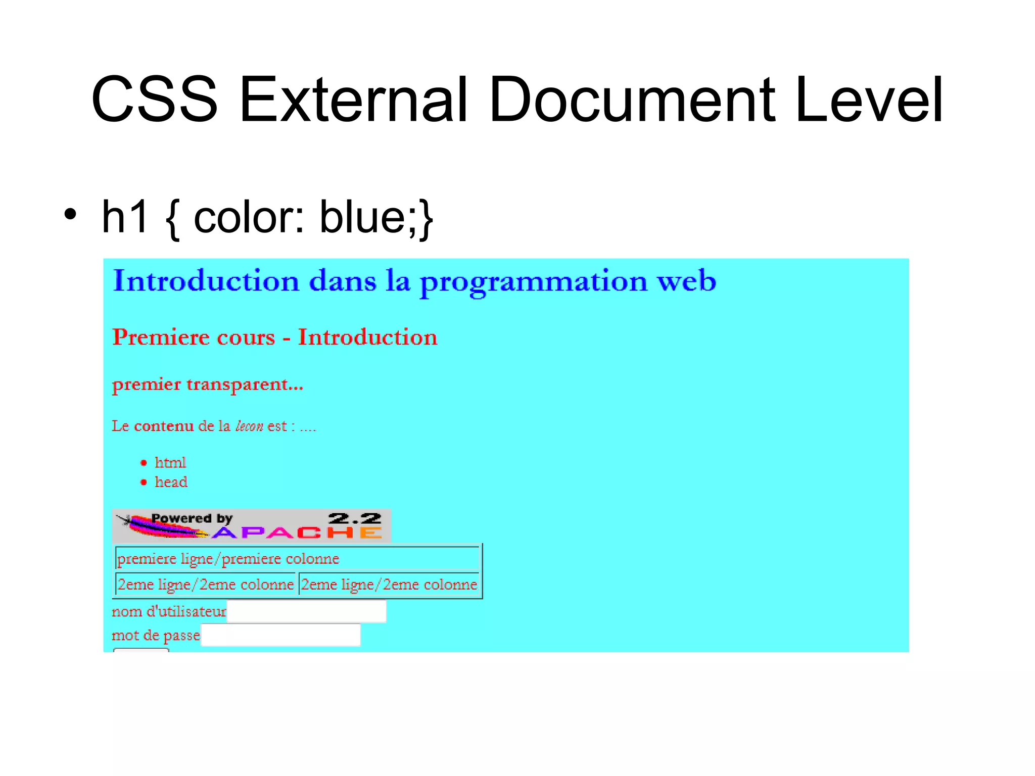 CSS External Document Level h1 { color: blue;} 
