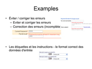 Examples Éviter / corriger les erreurs  Eviter et corriger les erreurs  Correction des erreurs (incomplète)  Les étiquettes et les instructions - le format correct des données d'entrée  