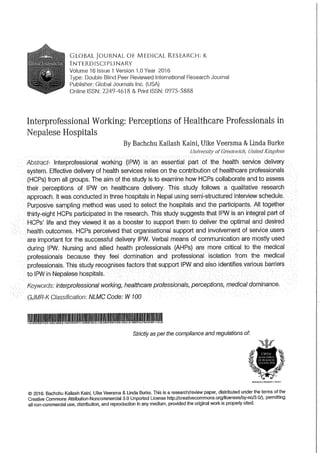 Interprofessional working: Perceptions of healthcare professionals in Nepalese hospitals. 