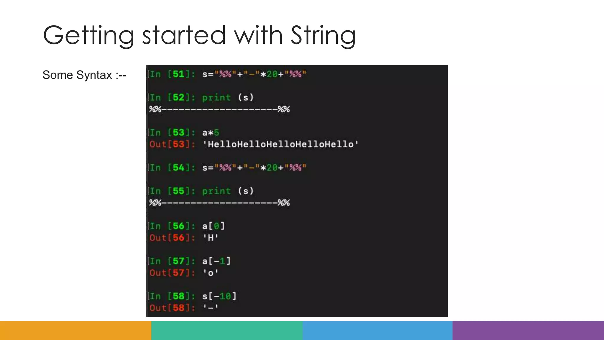 Getting started with String
Some Syntax :--
 