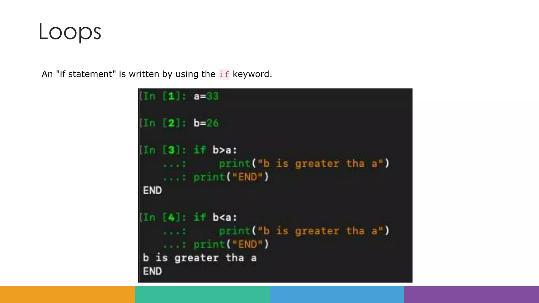 Loops
An "if statement" is written by using the if keyword.
 