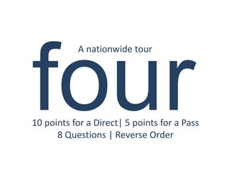 A nationwide tour




10 points for a Direct| 5 points for a Pass
      8 Questions | Reverse Order
 