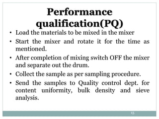 Performance
qualification(PQ)
• Load the materials to be mixed in the mixer
• Start the mixer and rotate it for the time a...