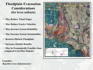 Floodplain Evacuation
Considerations
(for levee setback)
• May Reduce Flood Stages
• May Reduce Erosive Velocities
• May Increase System Reliability
• May Increase System Sustainability
• Restores Historic Floodplain
• Increases Habitat Benefits
• May be Economically Feasible when
compared to In-Place Repairs
Consider:
Repetitive Loss Infrastructure
 