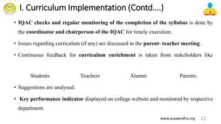I. Curriculum Implementation (Contd….)
• IQAC checks and regular monitoring of the completion of the syllabus is done by
the coordinator and chairperson of the IQAC for timely execution.
• Issues regarding curriculum (if any) are discussed in the parent- teacher meeting.
• Continuous feedback for curriculum enrichment is taken from stakeholders like
Students Teachers Alumni Parents.
• Suggestions are analysed.
• Key performance indicator displayed on college website and monitored by respective
department.
11
www.acpwardha.org
 