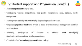 V. Student support and Progression (Contd…)
• Mentoring student time to time.
• Conducting various competitions like poster presentation, quiz, debates, model
competition.
• Making them socially responsible by organizing social activities.
• Organizing sport and cultural events to boost their leadership, management and team
work qualities.
• Boosting participation of students in various level qualifying
state/national/international level examinations.
• Certain level of alumni engagement in our college.
21
www.acpwardha.org
 