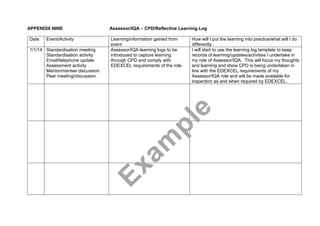 APPENDIX NINE Assessor/IQA – CPD/Reflective Learning Log
Date Event/Activity Learning/information gained from
event
How will I put the learning into practice/what will I do
differently
1/1/14 Standardisation meeting
Standardisation activity
Email/telephone update
Assessment activity
Mentor/mentee discussion
Peer meeting/discussion
Assessor/IQA learning logs to be
introduced to capture learning
through CPD and comply with
EDEXCEL requirements of the role.
I will start to use the learning log template to keep
records of learning/updates/activities I undertake in
my role of Assessor/IQA. This will focus my thoughts
and learning and show CPD is being undertaken in
line with the EDEXCEL requirements of my
Assessor/IQA role and will be made available for
inspection as and when required by EDEXCEL.
 
