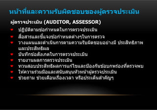 หน้าทีและความร ับผิดชอบของผูตรวจประเมิน
      ่                     ้
ผูตรวจประเมิน (AUDITOR, ASSESSOR)
  ้
  ปฏิบตตามข ้อกําหนดในการตรวจประเมิน
         ั ิ
    ื่             ี้
  สอสารและชแจงข ้อกําหนดต่างๆในการตรวจ
                                                      ิ
  วางแผนและดําเนินการตามความรับผิดชอบอย่างมี ประสทธิภาพ
             ิ
  และประสทธิผล
                 ั
  บันทึกข ้อสงเกตในการตรวจประเมิน
  รายงานผลการตรวจประเมิน
                      ิ
  ทวนสอบประสทธิผลการแก ้ไขและป้ องกันข ้อบกพร่องทีตรวจพบ
                                                    ่
  ให ้ความร่วมมือและสนับสนุนหัวหน ้าผู ้ตรวจประเมิน
  ชวยถาม ชวยเตือนเรืองเวลา หรือประเด็นสําคัญๆ
       ่       ่        ่
 