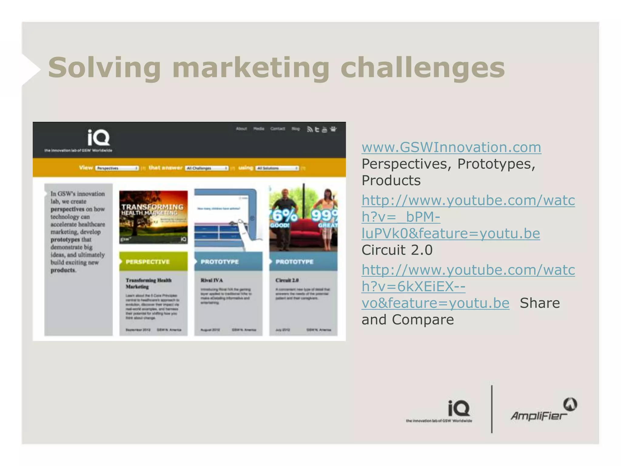 Solving marketing challenges

                 •   www.GSWInnovation.com
                     Perspectives, Prototypes,
                     Products
                 •   http://www.youtube.com/watc
                     h?v=_bPM-
                     luPVk0&feature=youtu.be
                     Circuit 2.0
                 •   http://www.youtube.com/watc
                     h?v=6kXEiEX--
                     vo&feature=youtu.be Share
                     and Compare
 
