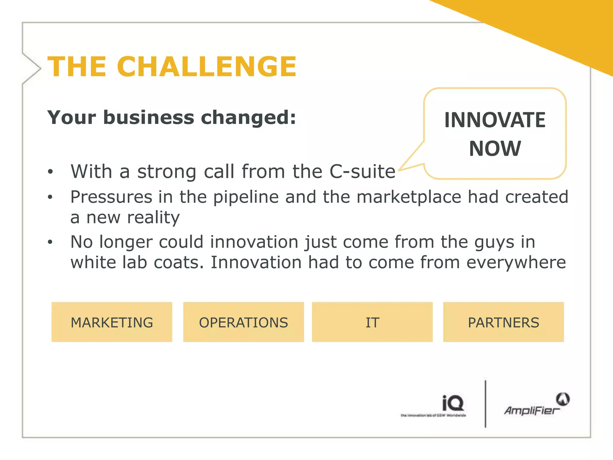 THE CHALLENGE
Your business changed:                      INNOVATE
                                              NOW
• With a strong call from the C-suite
• Pressures in the pipeline and the marketplace had created
  a new reality
• No longer could innovation just come from the guys in
  white lab coats. Innovation had to come from everywhere


  MARKETING      OPERATIONS        IT          PARTNERS
 