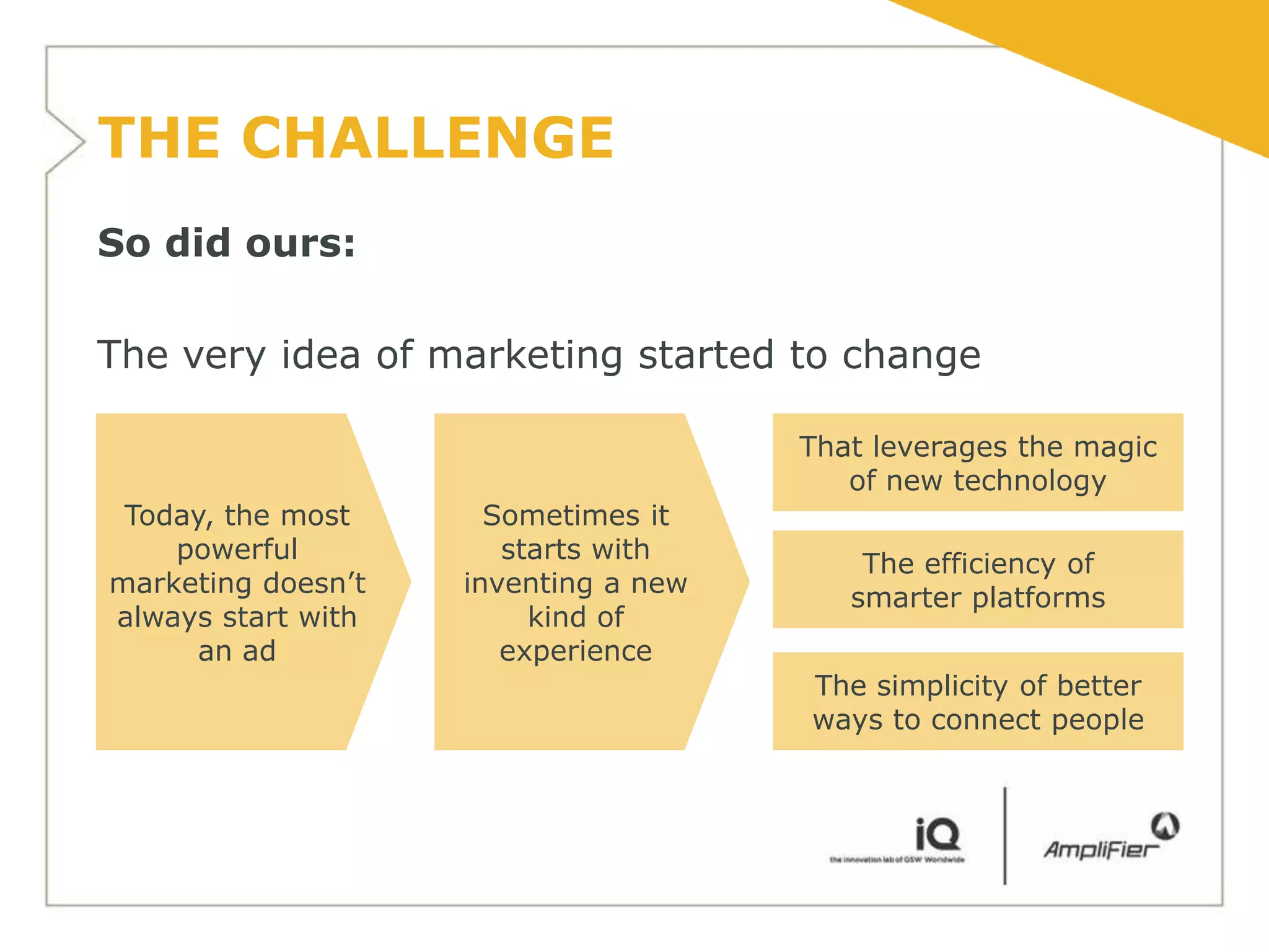 THE CHALLENGE
So did ours:

The very idea of marketing started to change

                                      That leverages the magic
                                         of new technology
 Today, the most      Sometimes it
    powerful           starts with
                                          The efficiency of
marketing doesn’t   inventing a new
                                         smarter platforms
always start with        kind of
      an ad            experience
                                      The simplicity of better
                                      ways to connect people
 