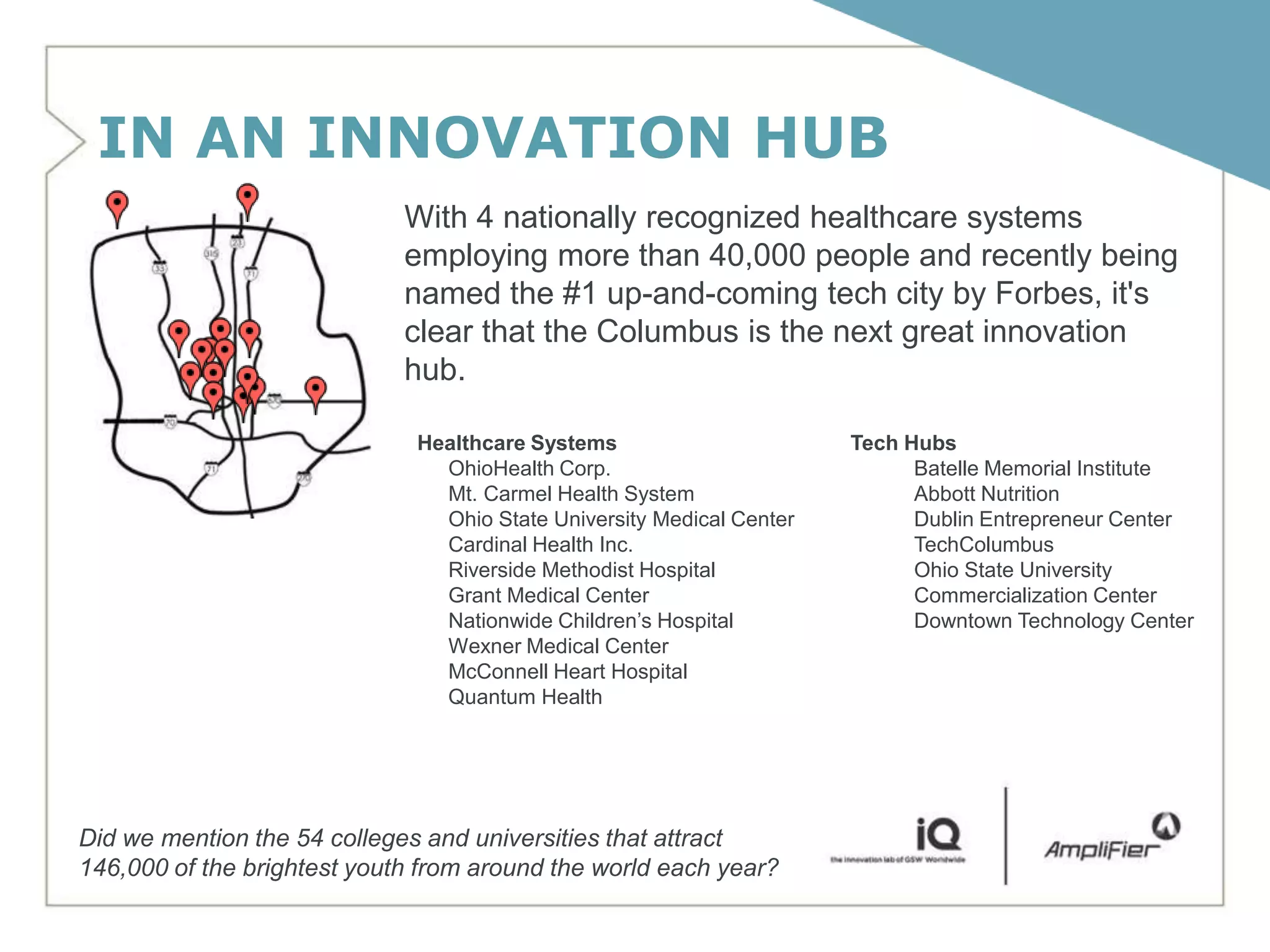 IN AN INNOVATION HUB
                             With 4 nationally recognized healthcare systems
                             employing more than 40,000 people and recently being
                             named the #1 up-and-coming tech city by Forbes, it's
                             clear that the Columbus is the next great innovation
                             hub.

                              Healthcare Systems                       Tech Hubs
                                OhioHealth Corp.                             Batelle Memorial Institute
                                Mt. Carmel Health System                     Abbott Nutrition
                                Ohio State University Medical Center         Dublin Entrepreneur Center
                                Cardinal Health Inc.                         TechColumbus
                                Riverside Methodist Hospital                 Ohio State University
                                Grant Medical Center                         Commercialization Center
                                Nationwide Children’s Hospital               Downtown Technology Center
                                Wexner Medical Center
                                McConnell Heart Hospital
                                Quantum Health




Did we mention the 54 colleges and universities that attract
146,000 of the brightest youth from around the world each year?
 