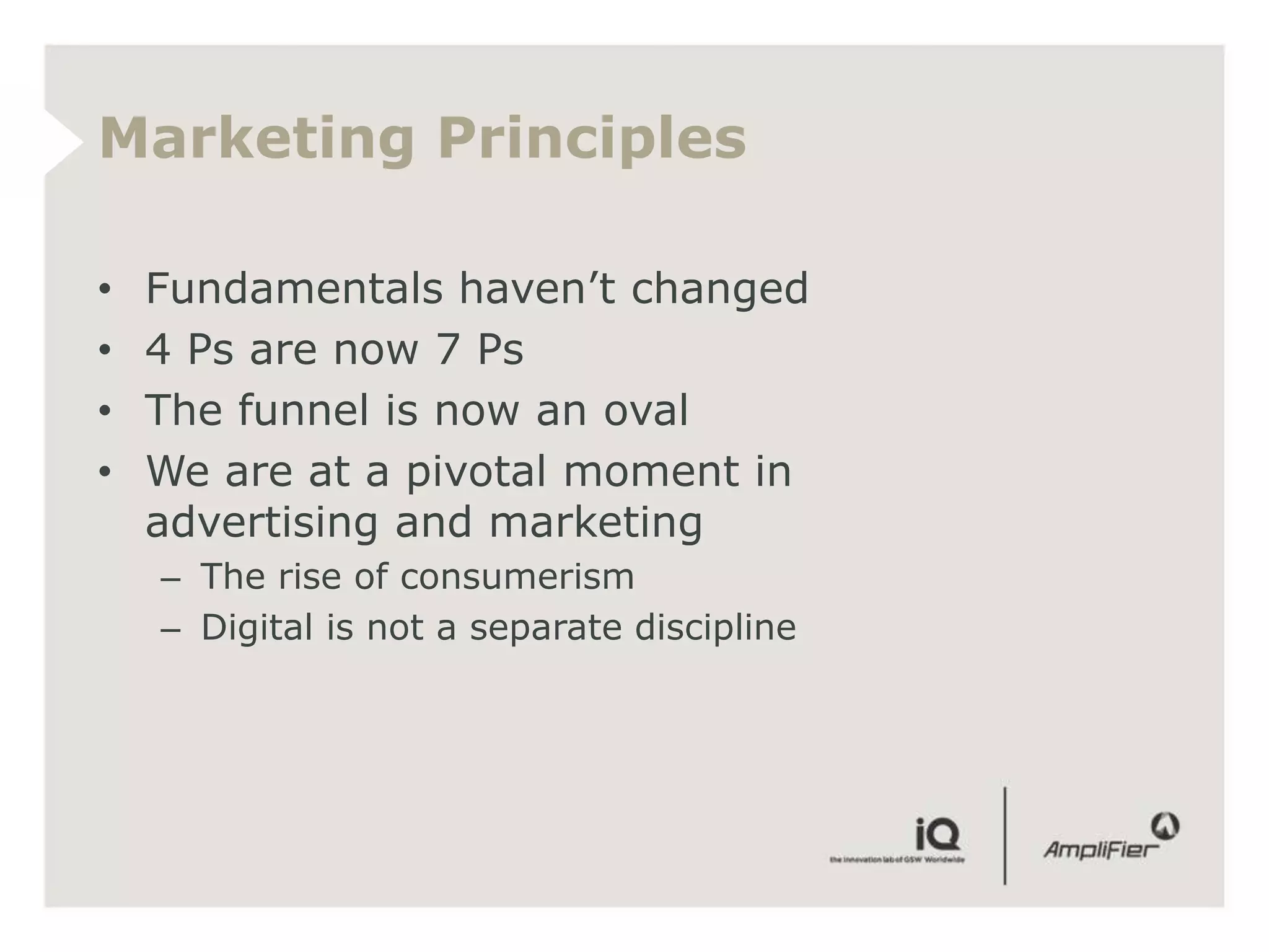 Marketing Principles

•   Fundamentals haven’t changed
•   4 Ps are now 7 Ps
•   The funnel is now an oval
•   We are at a pivotal moment in
    advertising and marketing
    – The rise of consumerism
    – Digital is not a separate discipline
 