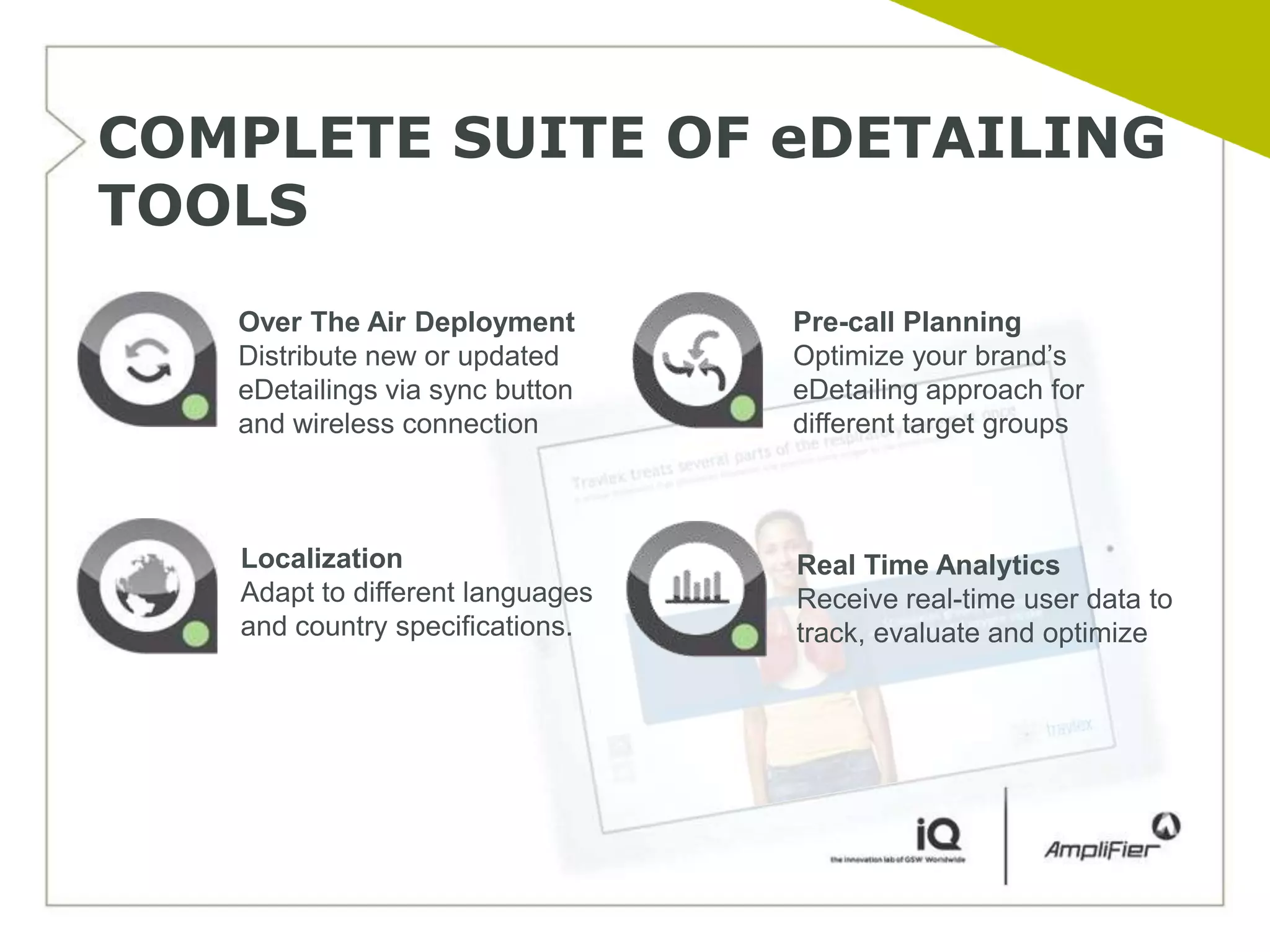 COMPLETE SUITE OF eDETAILING
TOOLS
   Over The Air Deployment        Pre-call Planning
   Distribute new or updated      Optimize your brand’s
   eDetailings via sync button    eDetailing approach for
   and wireless connection        different target groups



   Localization                   Real Time Analytics
   Adapt to different languages   Receive real-time user data to
   and country specifications.    track, evaluate and optimize
 