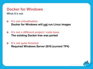 Docker for Windows
5
What it’s not
It’s not virtualization
Docker for Windows will not run Linux images
It’s not a different project / code base
The existing Docker tree was ported
It’s not quite finished
Required Windows Server 2016 (current TP4)
 