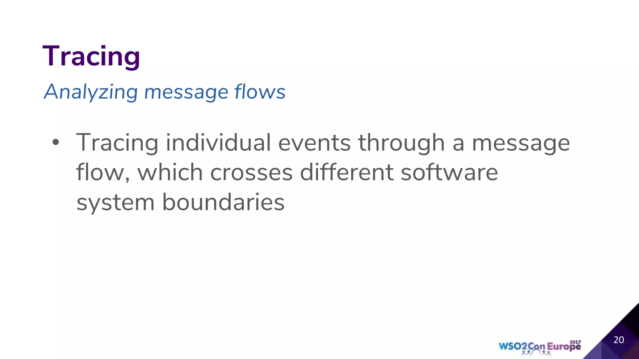 • Tracing individual events through a message
flow, which crosses different software
system boundaries
Tracing
Analyzing message flows
 