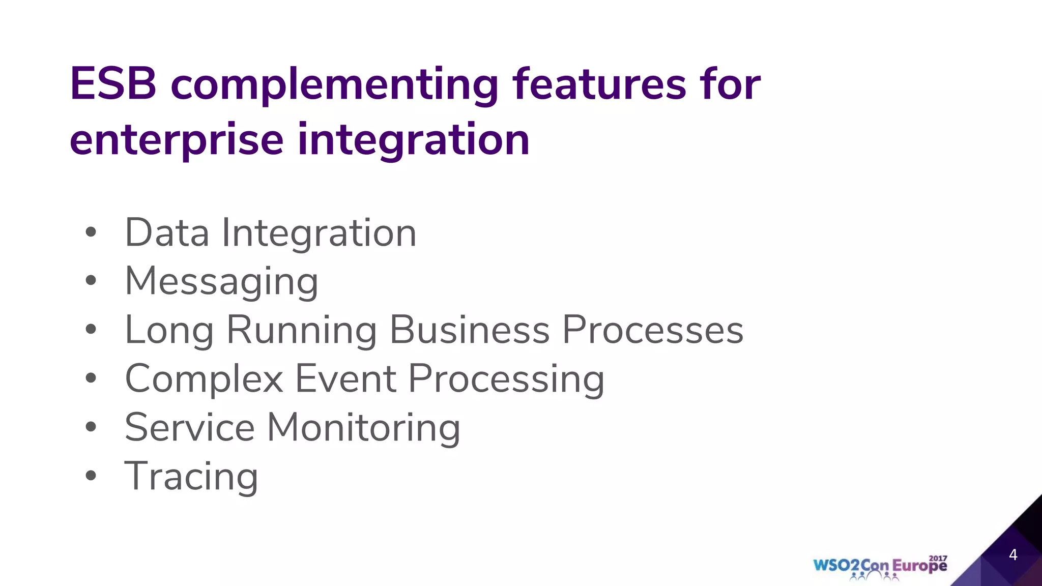 • Data Integration
• Messaging
• Long Running Business Processes
• Complex Event Processing
• Service Monitoring
• Tracing
ESB complementing features for
enterprise integration
 